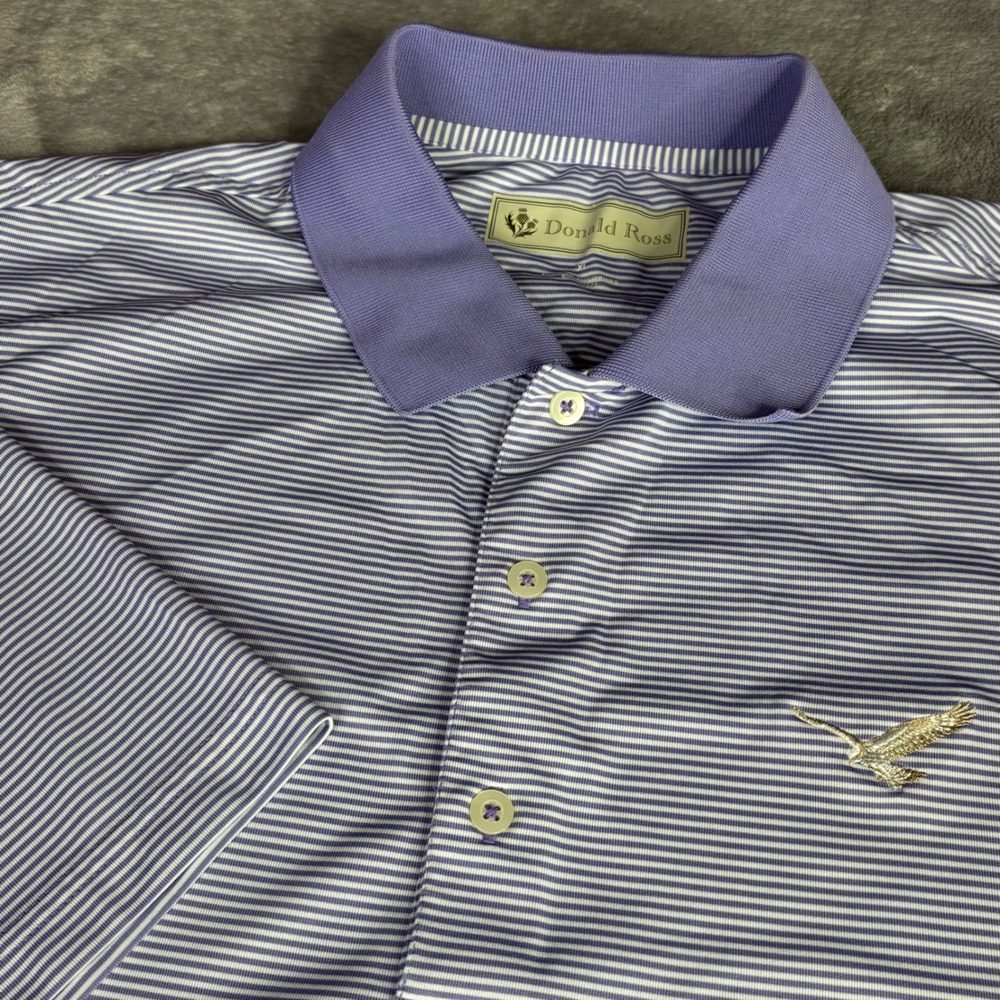 Donald Ross Polo Shirt Men XL Purple White Stripe Performance Golf Bird Logo